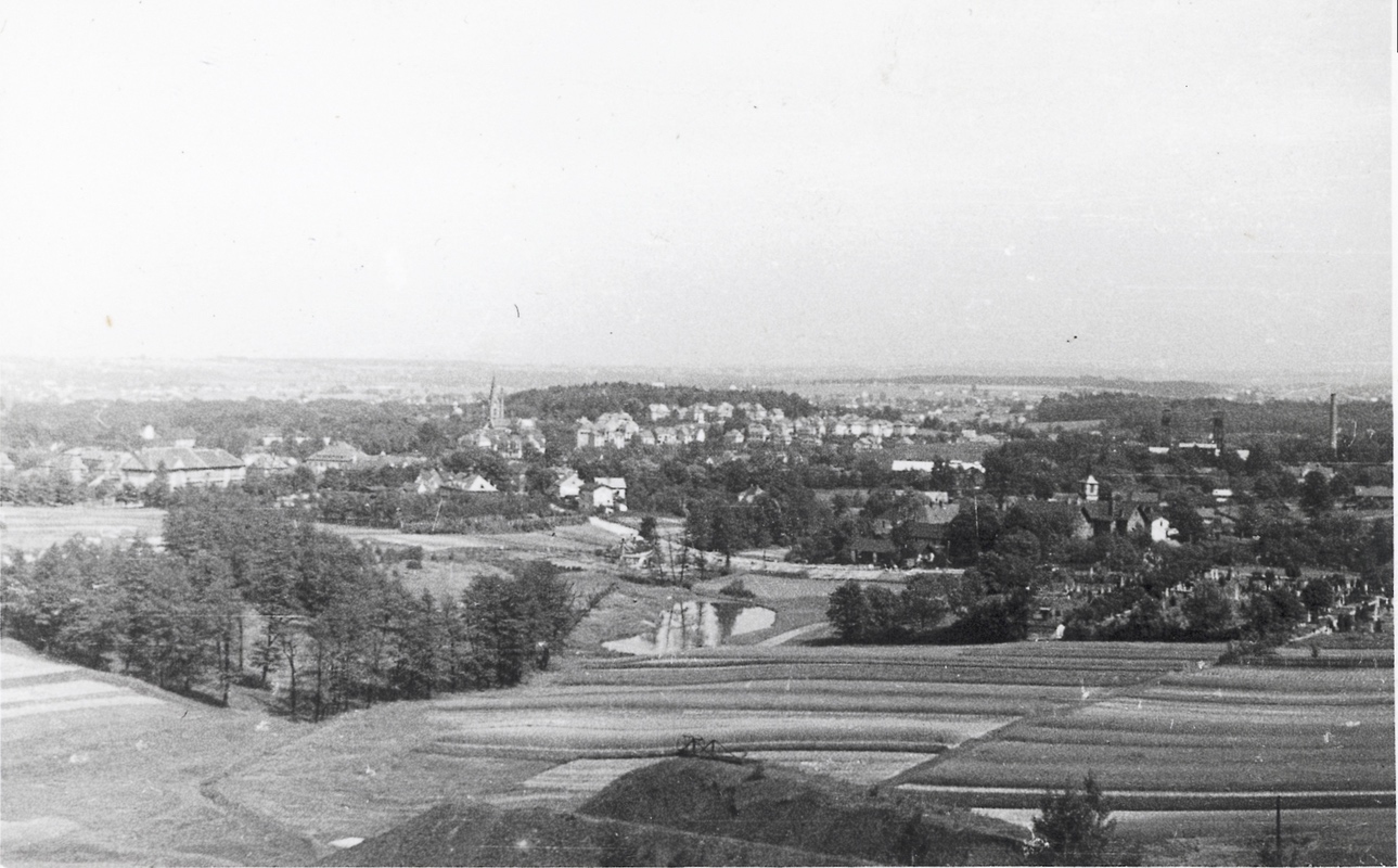 Obecní hřbitov na panoramatickém snímku staré Karvinné (vpravo uprostřed). Místo společného odpočinku horníků, kteří zahynuli při důlních neštěstích i dalších význačných osobností města.