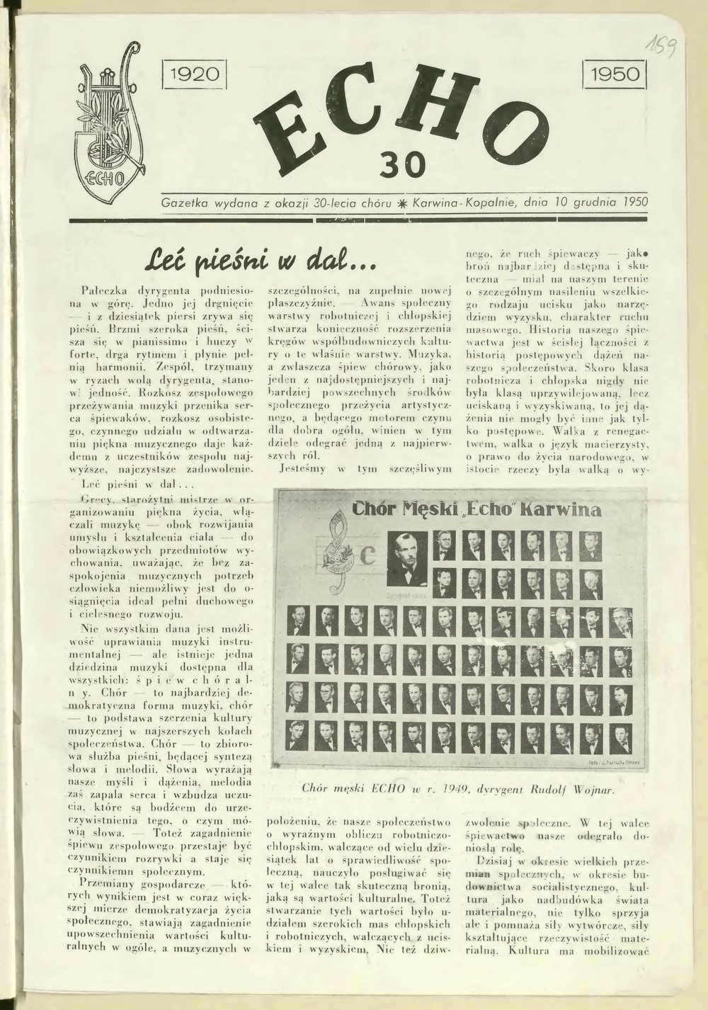 Mužský pěvecký sbor ECHO. Tisk vydaný u příležitosti 30. výročí založení sboru (1920-1950) (Zdroj: Śląska Biblioteka Cyfrowa, Dr. Józef Mazurek: Przyczynek do historii ruchu oporu 1939-1945 - Karwina-Kopalnie, str. 308. Odkaz = KLIK na obrázek)