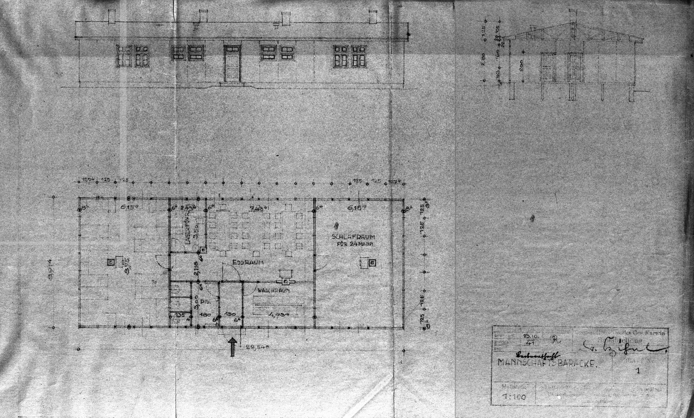 Pravděpodobně stavební plán ubytovacího baráku pro zajatecké tábory v Karvinné: Mannschaftsbaracke, 1 : 100, 13.10.1941 (rekonstrukce takřka nečitelné kopie archivního plánu). 